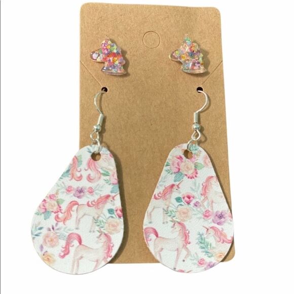 Floral Unicorn Statements Earrings‎ Pair Set Studs And Dangles Vegan Leather - Picture 1 of 9
